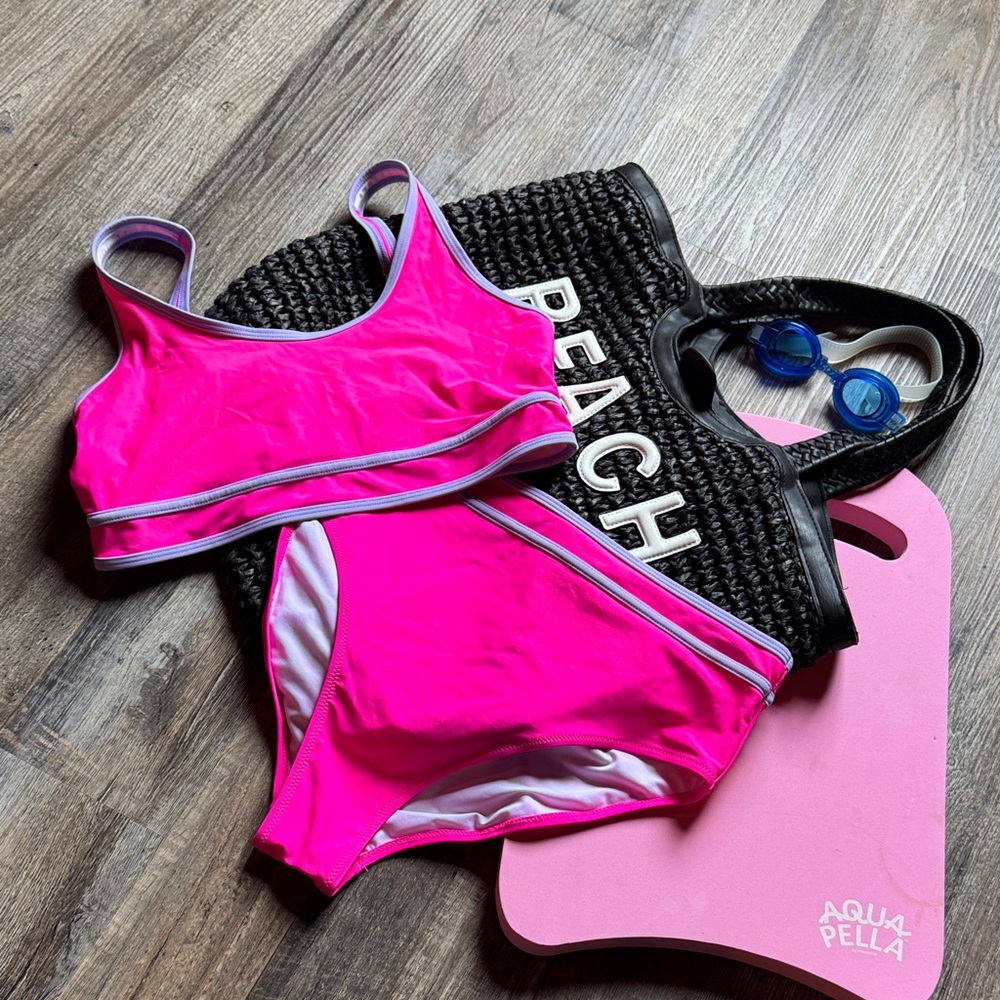 B. Swim Hot Pink Two-Piece Bikini Set with White Trim